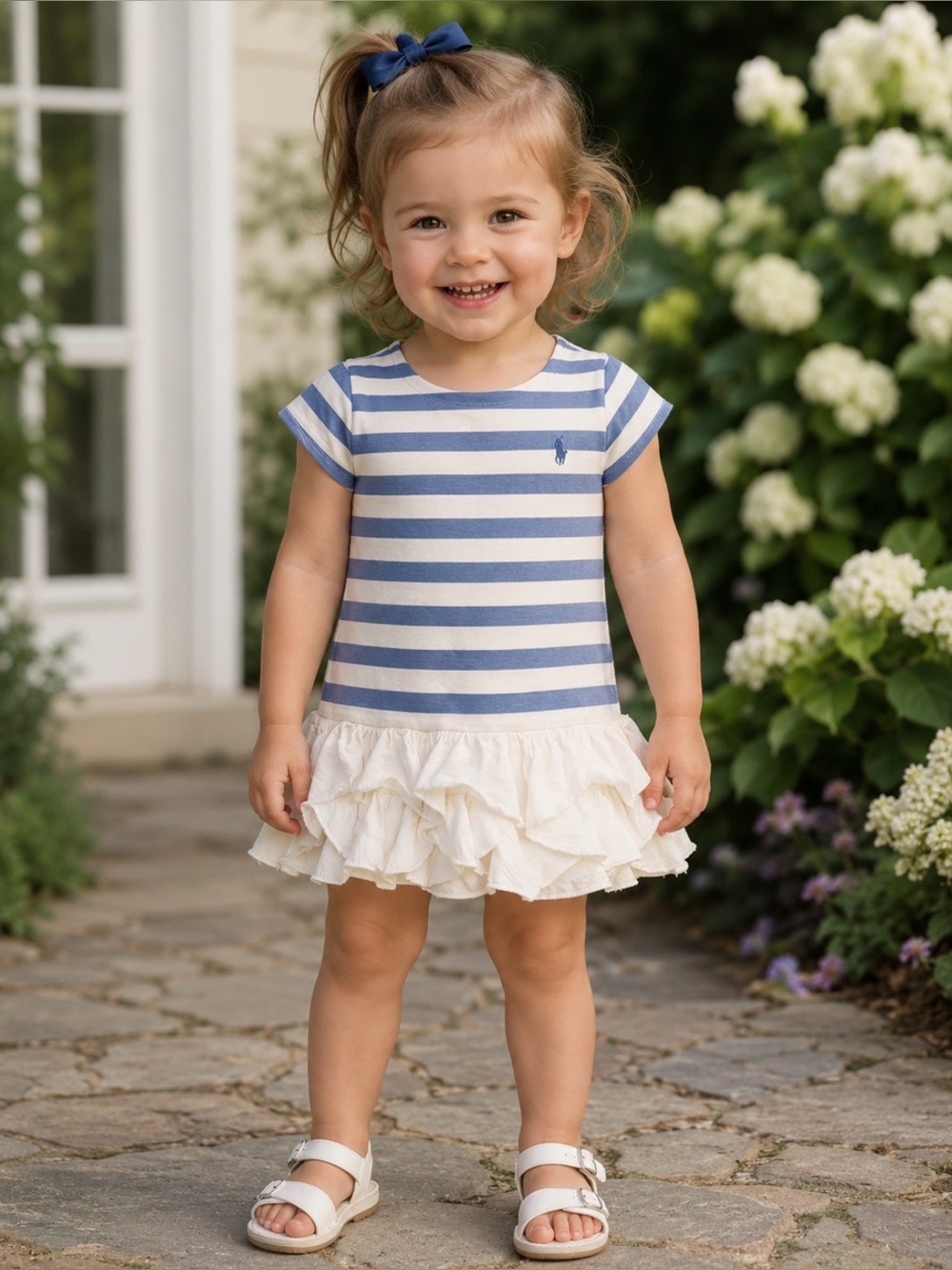 Ralph Lauren Toddler Girls Blue & White Striped Ruffle Dress 2T